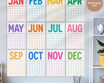 Large Monthly Wall Planner, Undated Wall Planner, Perpetual Calendar, Monthly Wall Calendar, Monday & Sunday, PRINTABLE, A3, A4 (Rainbow)