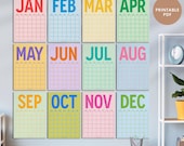 Large Monthly Wall Planner Colourful, Undated Wall Planner, Perpetual Calendar, Monthly Wall Cal, Monday&Sunday, PRINTABLE, A3, A4 (Rainbow)