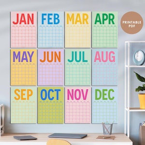 Large Monthly Wall Planner Colourful, Undated Wall Planner, Perpetual Calendar, Monthly Wall Cal, Monday&Sunday, PRINTABLE, A3, A4 (Rainbow)