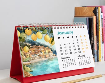 Calendario de escritorio de Italia 2026 / Calendario ilustrado a color con paisajes italianos / Calendario de viajes / Vista del mes anterior y siguiente