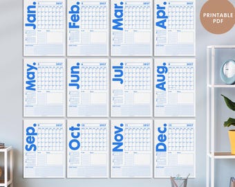Calendario de pared mensual 2027 / Planificador de productividad imprimible / Rastreador de hábitos / Azul minimalista y moderno / Comienza los lunes y domingos