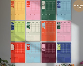 Agenda mural mensuel rétro non daté PDF imprimable, grand calendrier coloré, suivi des habitudes, liste de tâches, début lundi et dimanche