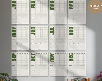 Planificador mensual retro sin fecha, calendario grande imprimible, registro de hábitos, lista de tareas, objetivos, color verde matcha, inicio lunes y domingo.