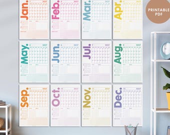 Calendario de pared grande y colorido de 2027, planificador mensual imprimible, registro de hábitos, mes anterior y siguiente, inicio de lunes a domingo (ambos incluidos).