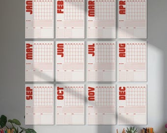 Planificador mural mensual grande, calendario retro rojo, registro de hábitos, organizador familiar, inicio lunes/domingo
