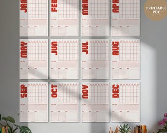 Planificador mensual de pared retro sin fecha, calendario grande rojo imprimible, registro de hábitos, lista de tareas, inicio lunes y domingo