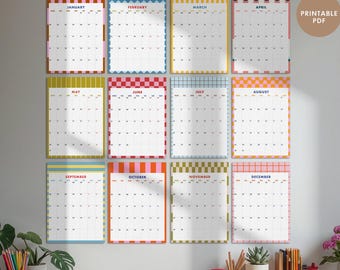 Calendario de pared grande de 2027, planificador mensual retro imprimible, diseño colorido.