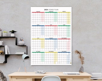 2024 Yearly Plan, Giant 2024 Wall Calendar, Wall Planner, Annual Planner, SUNDAY or MONDAY Start, Minimalist Colourful Year Planner