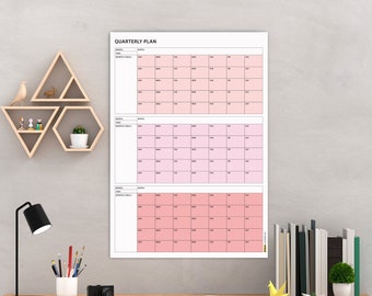 Undated Quarterly Wall Calendar, Monday Start and Sunday Start, Wall Planner, Minimalist, Monthly Plan, Quarterly Planner, Boho Pink Tone