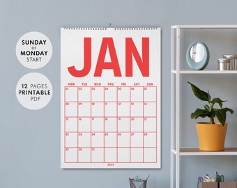 Printable Calendar 2024 Monthly Planner | A4, A3 Size | Portrait | Monday & Sunday Start | Minimalist | Rainbow Colors, Instant Download PDF