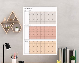 Undated Quarterly Wall Calendar, 3-Month Wall Planner, Minimalist Planner, Quarterly Planner, Monday Start, Boho Earth Tone