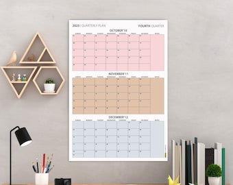 Calendario de pared trimestral del cuarto trimestre de 2027, octubre - diciembre de 2027, planificación trimestral, planificador de pared imprimible minimalista, inicio en domingo, colores bohemios.