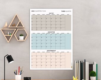 Calendario de pared trimestral del tercer trimestre de 2027, julio - septiembre de 2027, planificación trimestral, planificador de pared imprimible minimalista, inicio en domingo, colores bohemios.