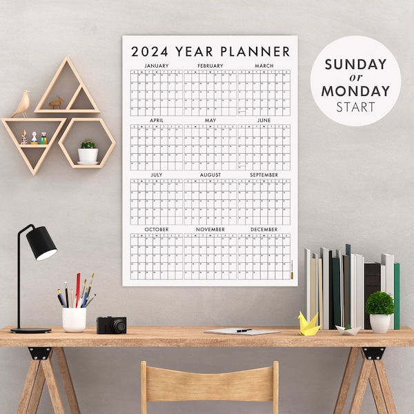 PRINTABLE 2024 Wall Calendar, 2024 Wall Planner, 2024 Year Planner, Monthly Planner, SUNDAY and MONDAY Start, Digital Pdf Instant Download