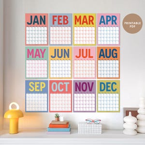 Stor månadskalender för väggen Färgglad, odaterad kalender, 12 månaders evighetskalender, måndag och söndag startar, utskrivbar, A3 - A4 storlekar
