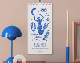 Calendario de cumpleaños perpetuo / Arte de sirenas y océano / Calendario sin fecha / Regalo para él/ella / Calendario recordatorio para un día especial (azul cobalto)