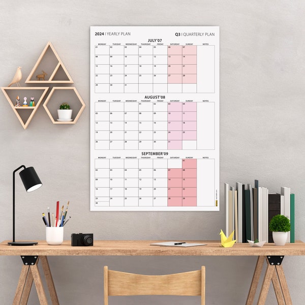 Printable Q3 2024 Quarterly Wall Calendar, July-September, MONDAY Start, Quarterly Plan, 90 Day Planner, Minimalist Wall Planner, Pink Tones