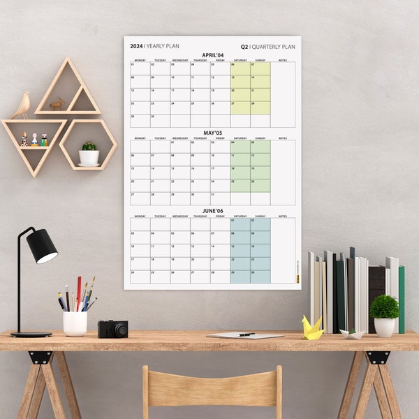 Printable Q2 2024 Quarterly Wall Calendar, April - June, MONDAY Start, Quarterly Plan, 90 Day Planner, Minimalist Wall Planner, Green Tones