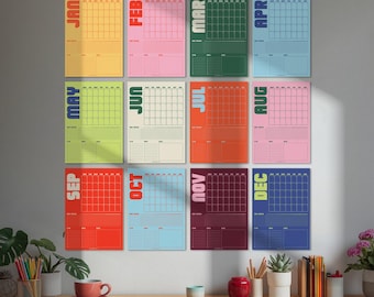 Planificador mensual de pared retro, calendario grande, organizador familiar, registro de hábitos, lista de tareas, objetivos, planificador colorido, inicio lunes/domingo