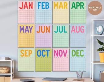 Grand agenda mural mensuel coloré, non daté, calendrier perpétuel, calcul mural mensuel, lundi et dimanche, IMPRIMABLE, A3, A4 (arc-en-ciel)