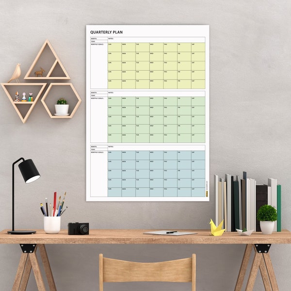Undated Quarterly Wall Calendar, Monday Start and Sunday Start, Wall Planner, Minimalist, Monthly Plan, Quarterly Planner, Boho Green Tone