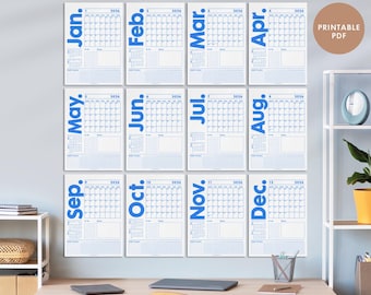 2026 Printable Monthly Wall Calendar | Minimal Modern Trendy Blue Planner | Monday/Sunday Start | Habit Tracker & Previous and Next Month