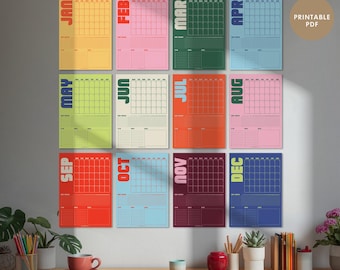 Planificador mensual de pared retro sin fecha en PDF imprimible, calendario grande y colorido, registro de hábitos, lista de tareas, inicio lunes y domingo.