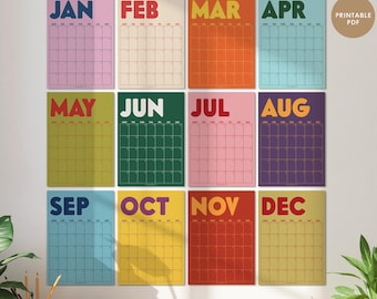 Undated Retro Wall Calendar, Colorful Monthly Planner, Printable PDF, Monday & Sunday Start