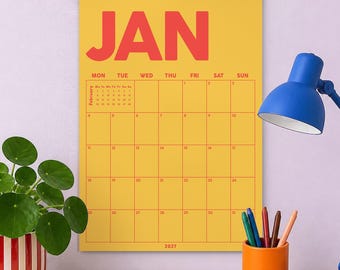 Calendario de pared mensual grande 2027 / Colorido / Planificador de pared de 12 meses / Organizador familiar (inicio lunes/domingo)