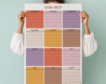 Planificador de pared para el año académico 2026-2027 / Calendario de pared grande / Colores bohemios / Planificador mensual con cuadrícula / Vista anual (inicio lunes/domingo)