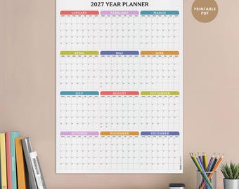 Planificador de pared para el año 2027 / Imprimible / Planificador mensual en tonos pastel / Calendario de pared grande y colorido / Vista anual / Descarga instantánea