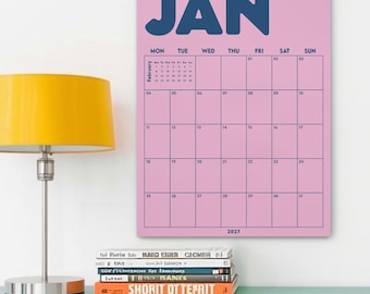 Calendario mensual retro 2026, 2027 / Planificador de pared colgante / Colorido / Organizador familiar grande (inicio lunes/domingo)