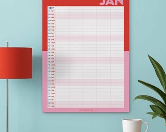 Calendario de pared familiar 2027 / Organizador familiar grande de 5 columnas / Planificador mensual retro y colorido