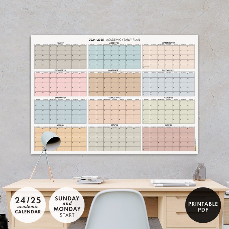PRINTABLE 2024 2025 JULY Start Academic Wall Calendar, Mid-year Calendar, Academic Year Planner ...