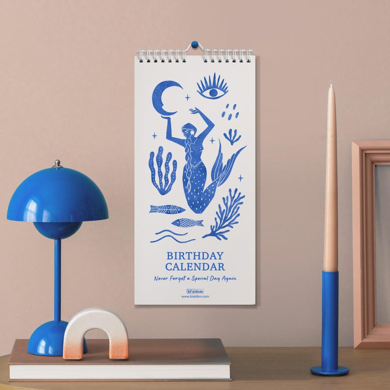 Perpetual Birthday Calendar  | Mermaid Ocean Art | Undated Calendar | Gift for him/her | Reminder Calendar for Special Day (Cobalt Blue)