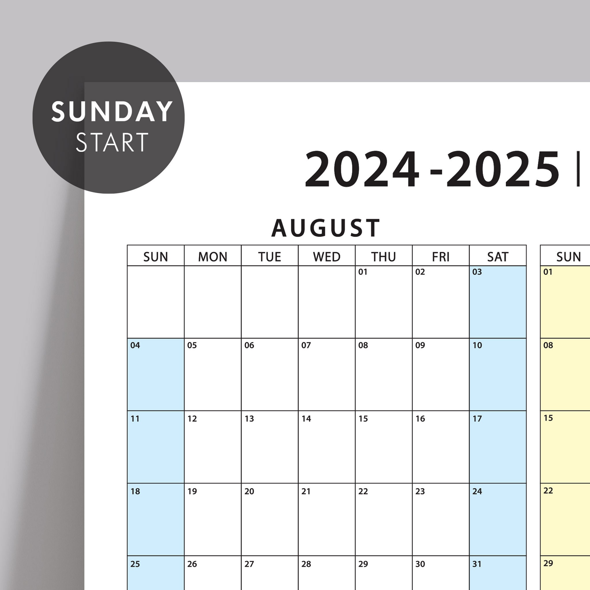 PRINTABLE 20242025 AUGUST Start Academic Wall Calendar, Midyear