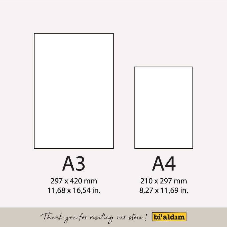 May include: Two white rectangles with black outlines, labeled "A3" and "A4". The dimensions of each rectangle are listed in millimeters and inches. The text "Thank you for visiting our store!" is below the rectangles.