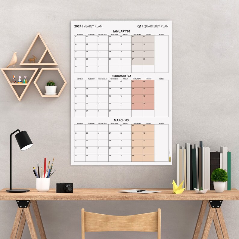 Printable Q1 2024 Quarterly Wall Calendar, Januarymarch, MONDAY Start