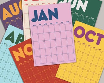 Wandkalender zonder datum, kleurrijke retro maandplanner, grote familieplanner (beginnend op maandag/zondag)