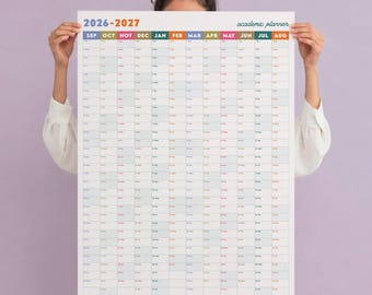 Planificador académico mural 2026-2027 / Colorido / Calendario anual grande / Planificador de mitad de año / Comienza en septiembre