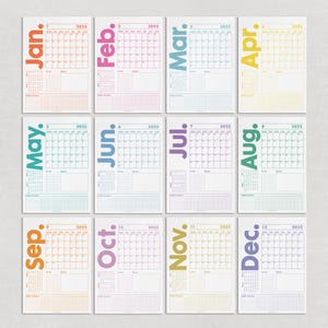 May include: A set of twelve 2025 monthly calendars, each with a different pastel color scheme. Each calendar features a month name, a grid for dates, and sections for notes and habit tracking. The months are arranged in a grid.