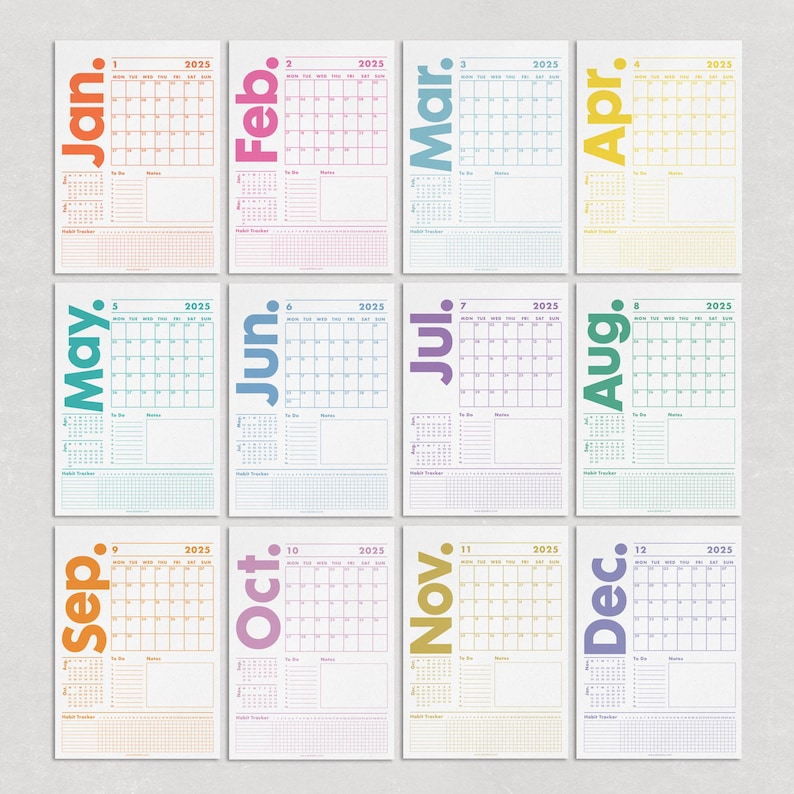 May include: A set of twelve 2025 monthly calendars, each with a different pastel color scheme. Each calendar features a month name, a grid for dates, and sections for notes and habit tracking. The months are arranged in a grid.