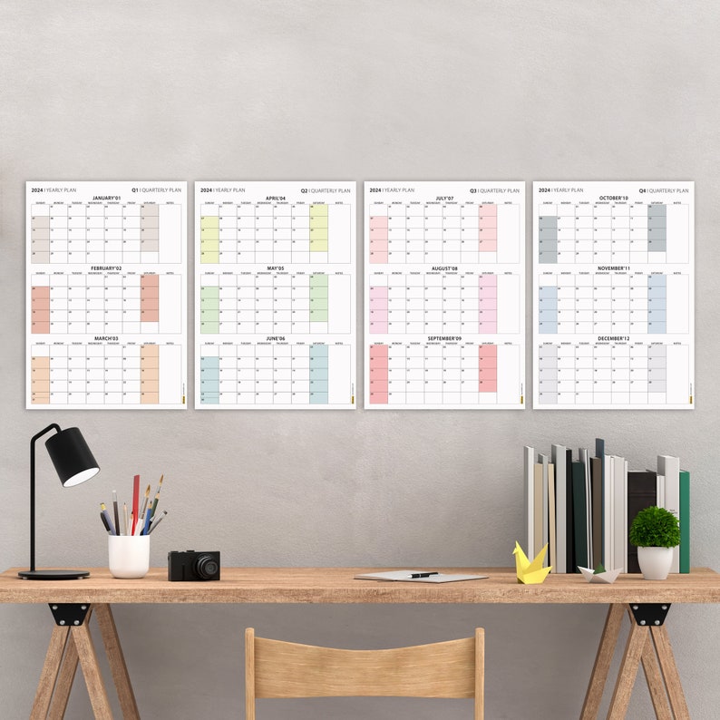 2024 Quarterly Wall Calendar Set 90 Day Planning Full Year Etsy