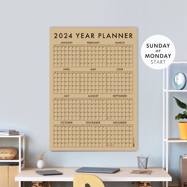 KRAFT Brown Special Paper, 2024 Wall Calendar, Year Wall Planner, Annual Planner, Monthly Planner, Family Planner, MONDAY or SUNDAY Start