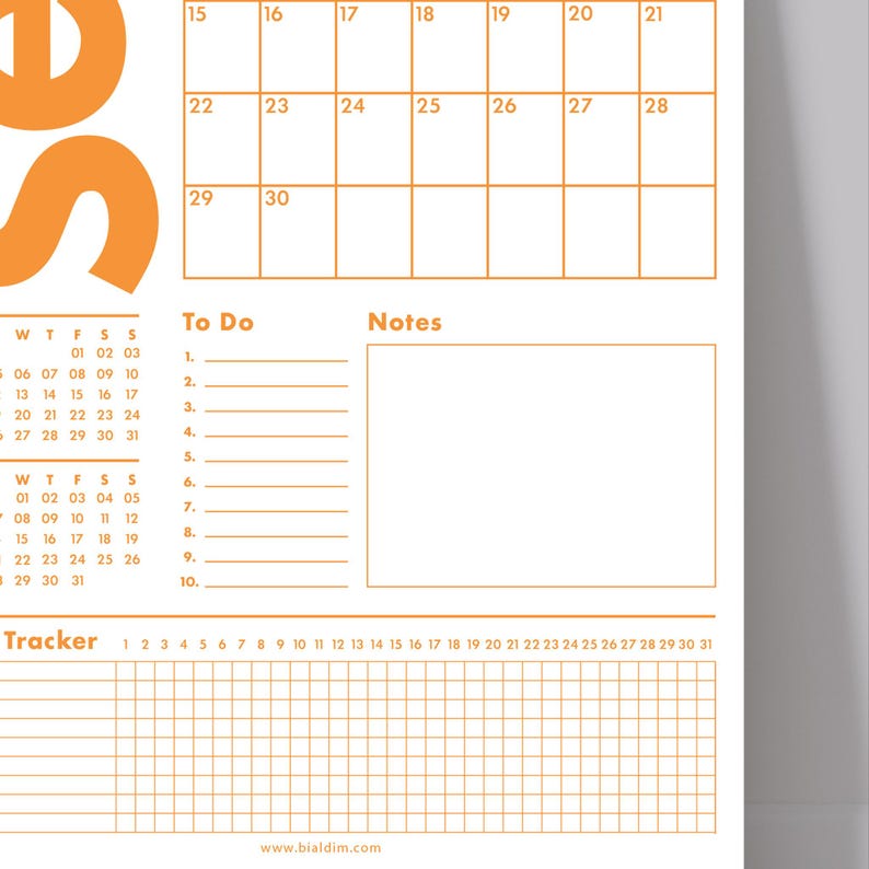 May include: A white and orange planner with a calendar, to-do list, notes section, and tracker. The calendar grid displays dates, and the planner includes the website address www.bialdim.com.