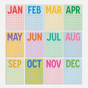 May include: A colorful calendar with each month displayed in a separate square. The months are labeled in large, bold letters with each month having a different color. The calendar is designed in a retro style.