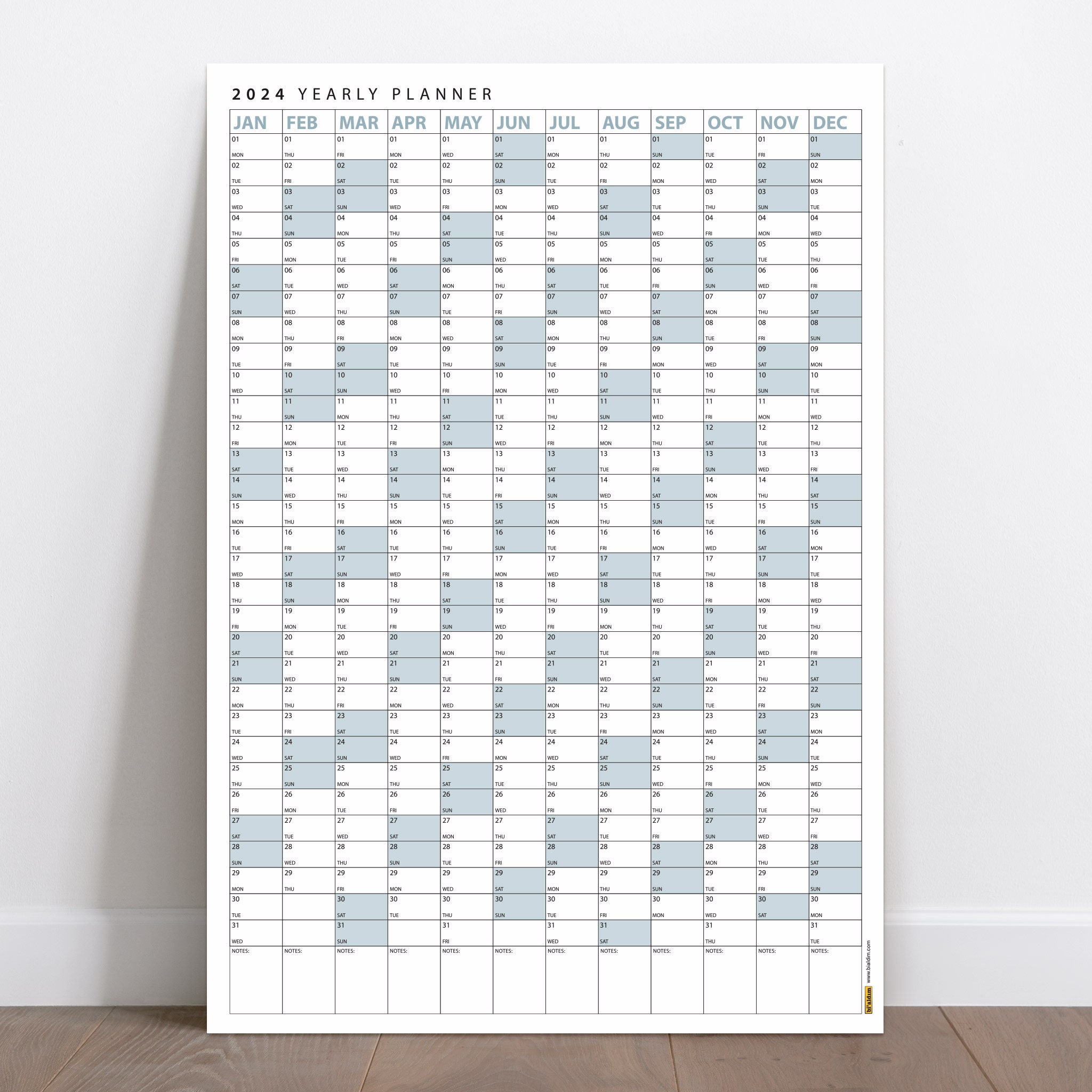 Printable Blue 2024 Wall Calendar, 2024 Wall Planner, 2024 Year Planner