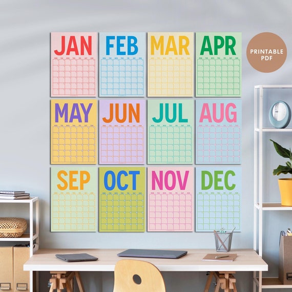 Large Monthly Wall Planner Colourful, Undated Wall Planner, Perpetual Calendar, Monthly Wall Cal, Monday&Sunday, PRINTABLE, A3, A4 (Rainbow)