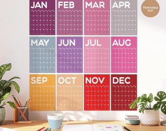 Planificador mural mensual sin fecha, calendario de 12 meses con bloques de color, Berry Pop y Secret Sunshine, PDF imprimible, de lunes a domingo.