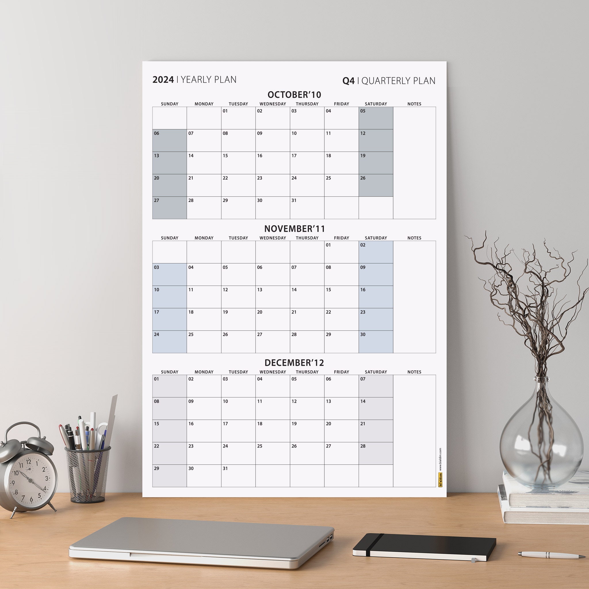 Printable Q4 2024 Quarterly Wall Calendar, October-december, SUNDAY Start, Quarterly Plan, 90 ...